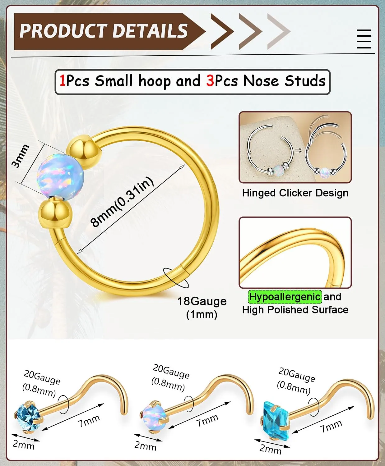 14K Gold Filled Hypoallergenic Surgical Steel Nose Ring Set for Women Men,Blue Opal Septum Hoop Corkscrew Nose Studs Small Hoops Cartilage Earrings for Helix, Rook,2nd or 3rd lobe