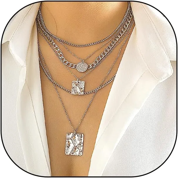 14K Gold Layered Necklace Set for Women Chunky Stackable Cuban Chain Rectangle Pendant Choker Minimalist Hip Hop Metal Necklace Punk Charm Jewelry