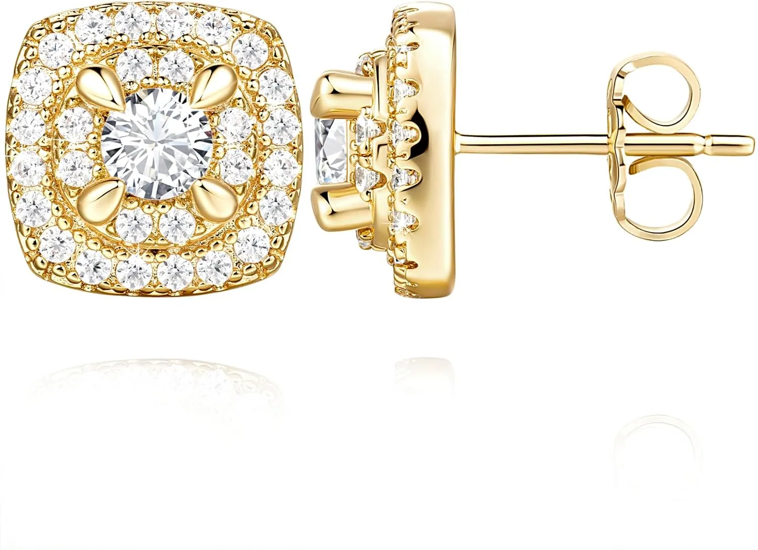 14K Gold Studs Earrings for Women Square-design Gold Stud Earrings for Women Cubic Zirconia Earring Studs 9.6mm