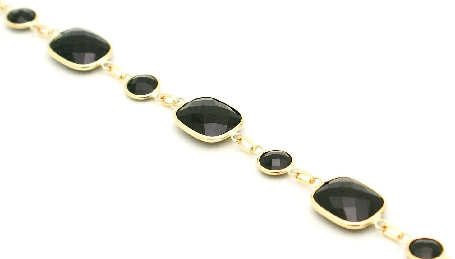 14K Yellow Gold Bracelet With Round and Rectangular Onyx Gemstones 8.5 Inches
