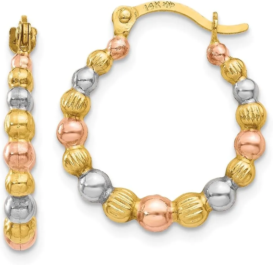 14k Yellow White and Rose Gold Beaded Hoop Puffed Shrimp Earrings - 18mm x 16mm