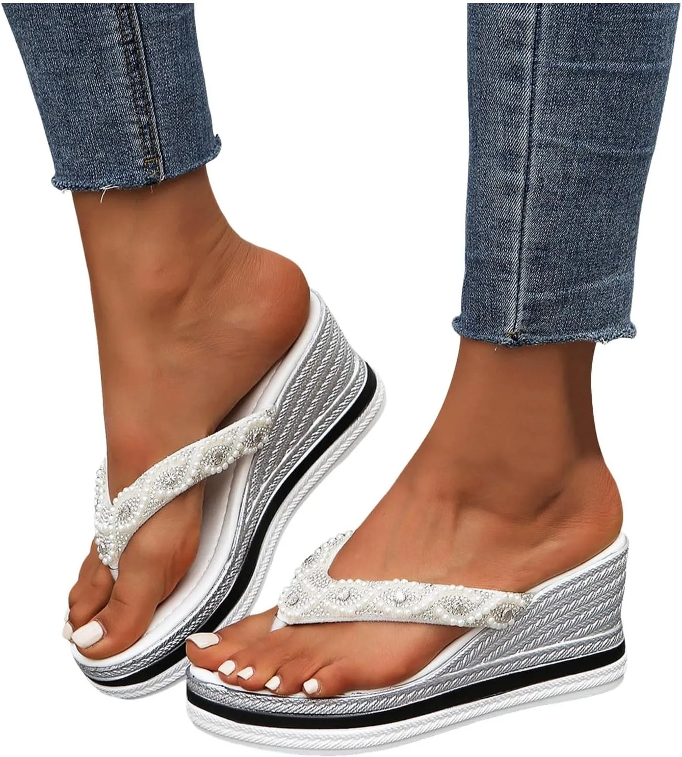 2025 Wedges Sandals for Women Fashion Sparkly Bling Rhinestone Walking Footwear Summer Beach Vacation Slippers Comfortable Ladies Dress Wedge Heel Shoe Breathable Non-Slip Open Toe Casual Slides