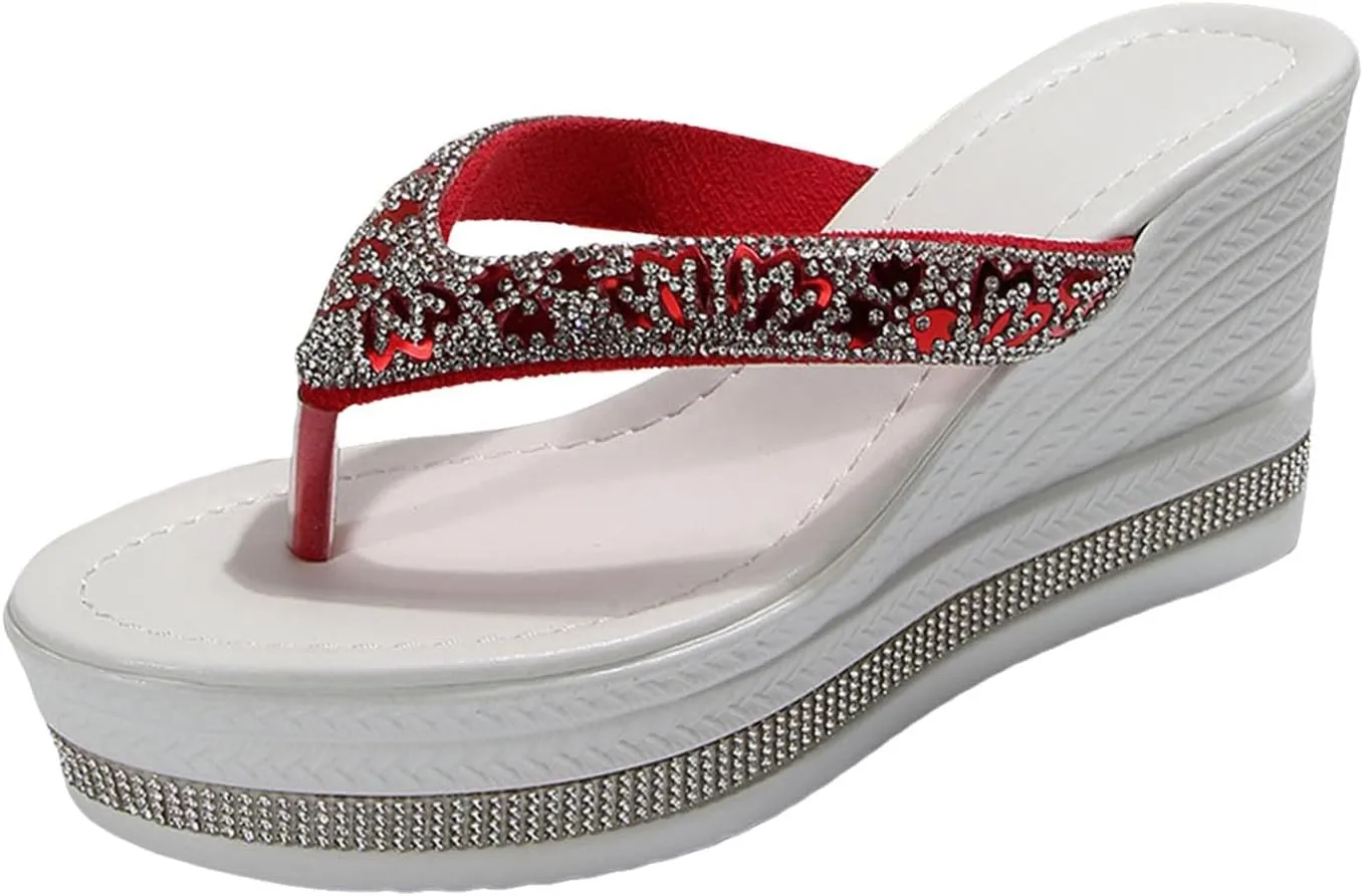 2025 Wedges Sandals for Women Fashion Sparkly Bling Rhinestone Walking Footwear Summer Beach Vacation Slippers Comfortable Ladies Dress Wedge Heel Shoe Breathable Non-Slip Open Toe Casual Slides