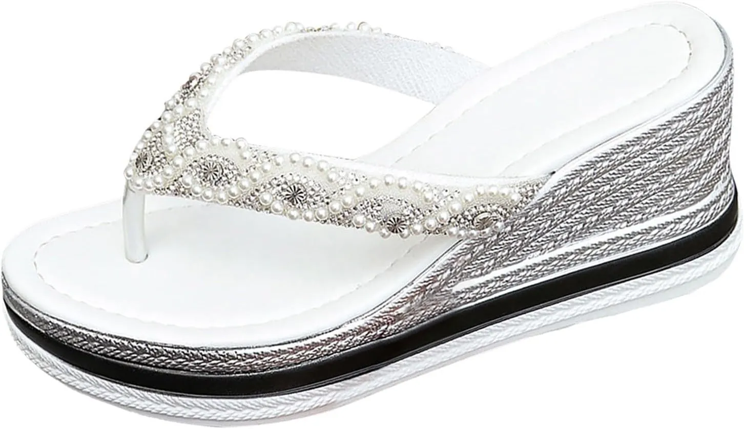 2025 Wedges Sandals for Women Fashion Sparkly Bling Rhinestone Walking Footwear Summer Beach Vacation Slippers Comfortable Ladies Dress Wedge Heel Shoe Breathable Non-Slip Open Toe Casual Slides