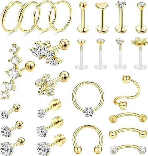 27Pcs 16G Cartilage Earrings Stud Hoop for Women Men Stainless Steel Helix Piercing Tragus Earrings Forward Conch Piercing Jewelry gold