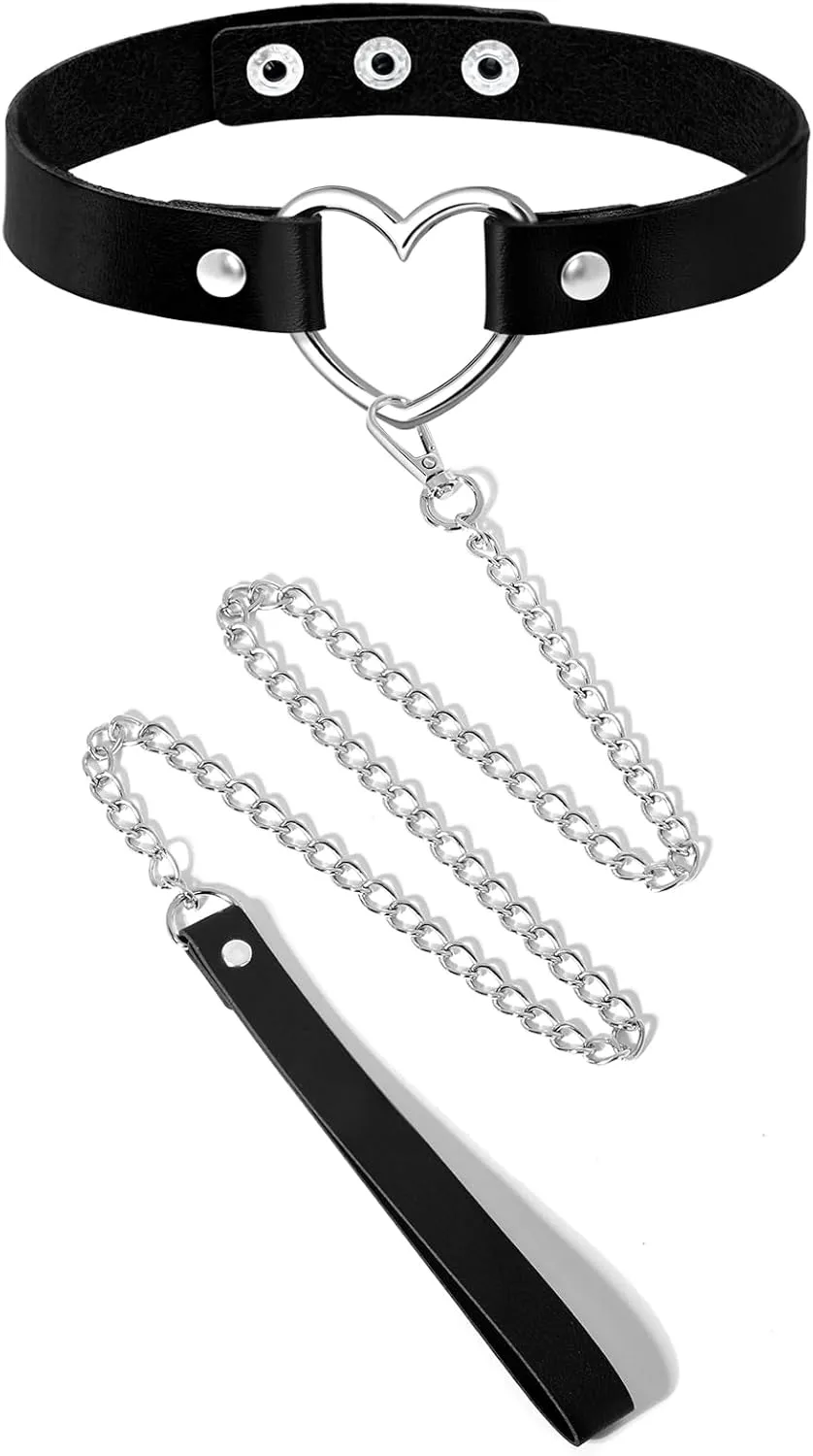 2PCS Black Choker Necklace for Women Leather Chokers Collar and Leash Set Goth Sexy Chokers for Women Heart Chain Choker Necklaces Jewelry Gift for Halloween Gothic Outfits Cosplay