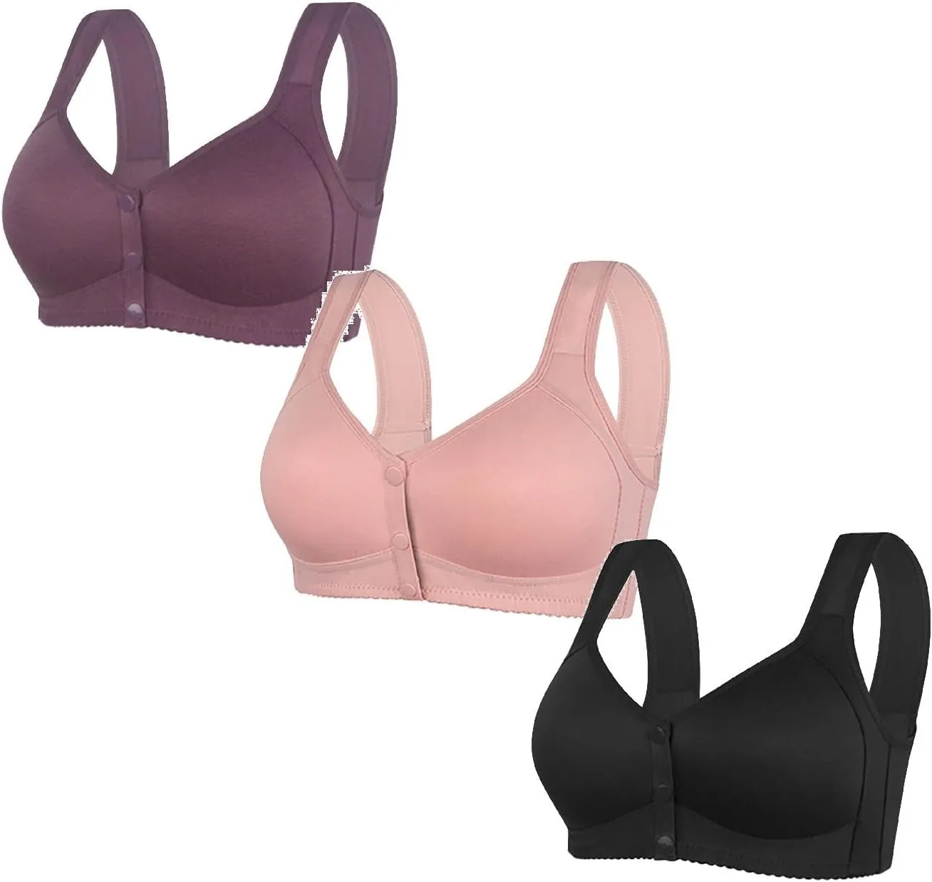 3 Pack Daisy Bra, Everyday Cozy Bras, Everyday Cotton Front Button Snap Bras Lace Unpadded Plunge Floral Easy Close Bras