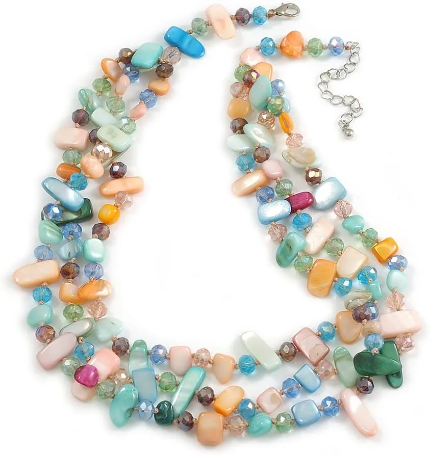 3 Row Layered Pastel Multicoloured Shell And Glass Bead Necklace - 60cm L/ 7cm Ext