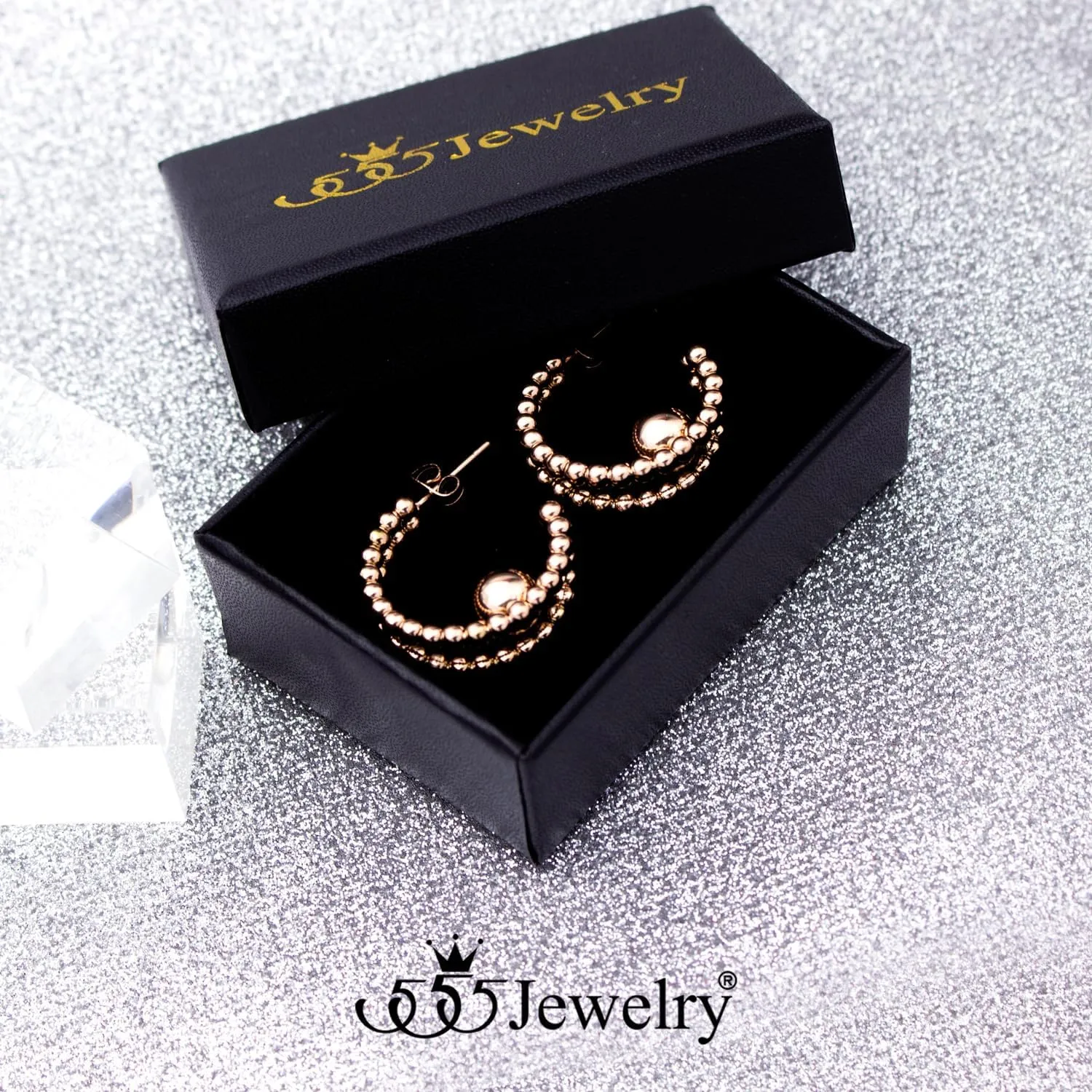 555Jewelry Stainless Steel Beaded Open Hoop Earrings Chunky Hoop C-Shape Earrings for Women