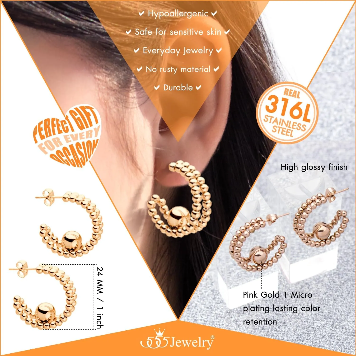 555Jewelry Stainless Steel Beaded Open Hoop Earrings Chunky Hoop C-Shape Earrings for Women