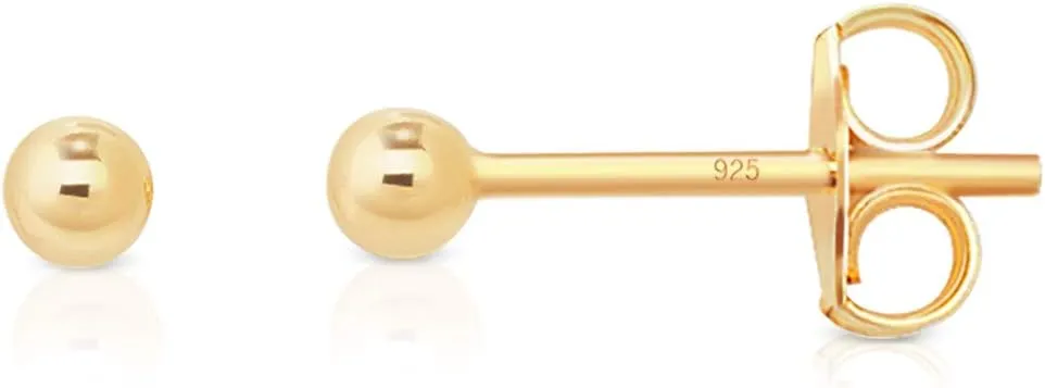 925 Sterling Silver Ball Studs 24K Gold Plated Earrings - Gold Stud Earrings - Round Studs for Women - Ear Piercing - Golden Stud Earring - Diameter: 2 up to 12 mm