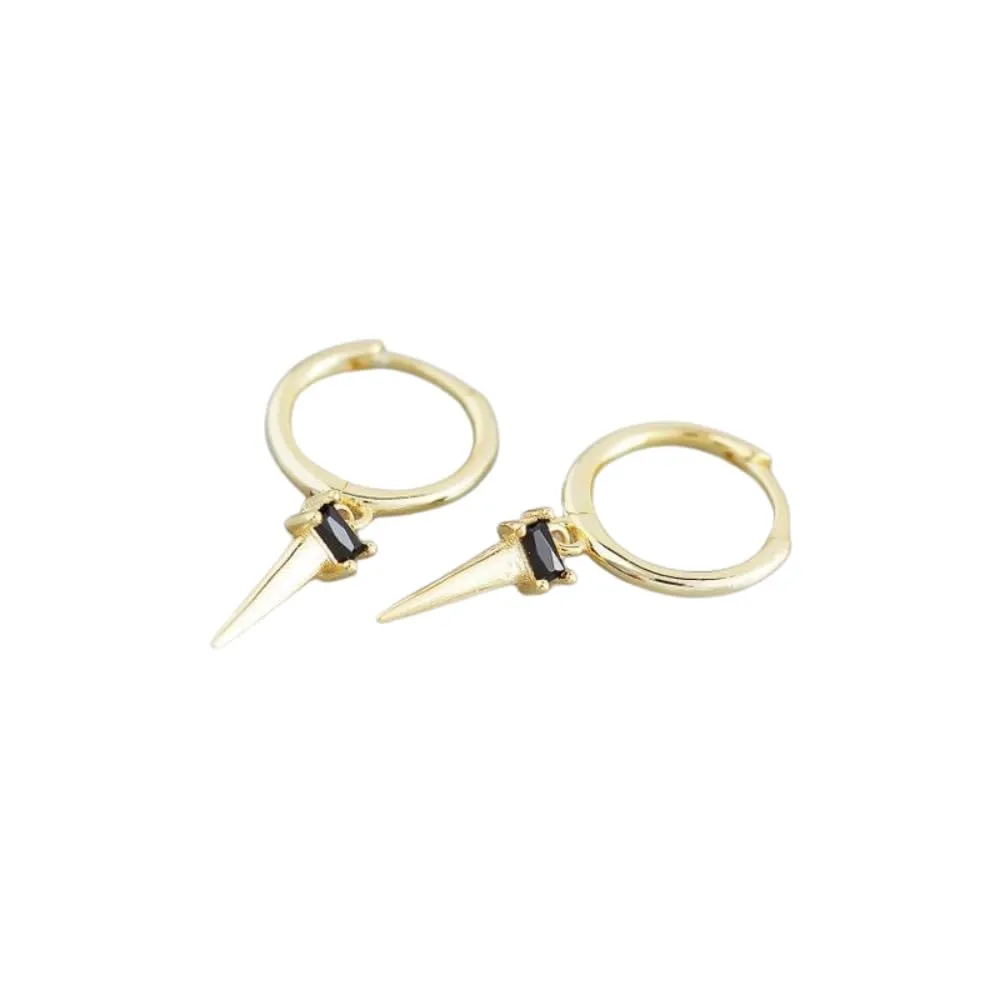 925 Sterling Silver INS Beautiful minimalist long spike with rectangular black cz shape Drop Dangle Hoop Earrings (silver, black zircons)