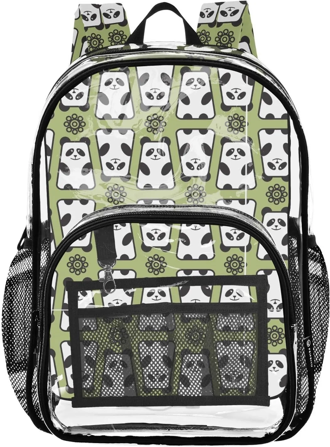 Abstract Panda Green Clear Backpack Transparent Bookbag for Girls Boys Kids Bag PVC Waterproof Bag See Through Backpack for School Stadium Travel Large Capacity