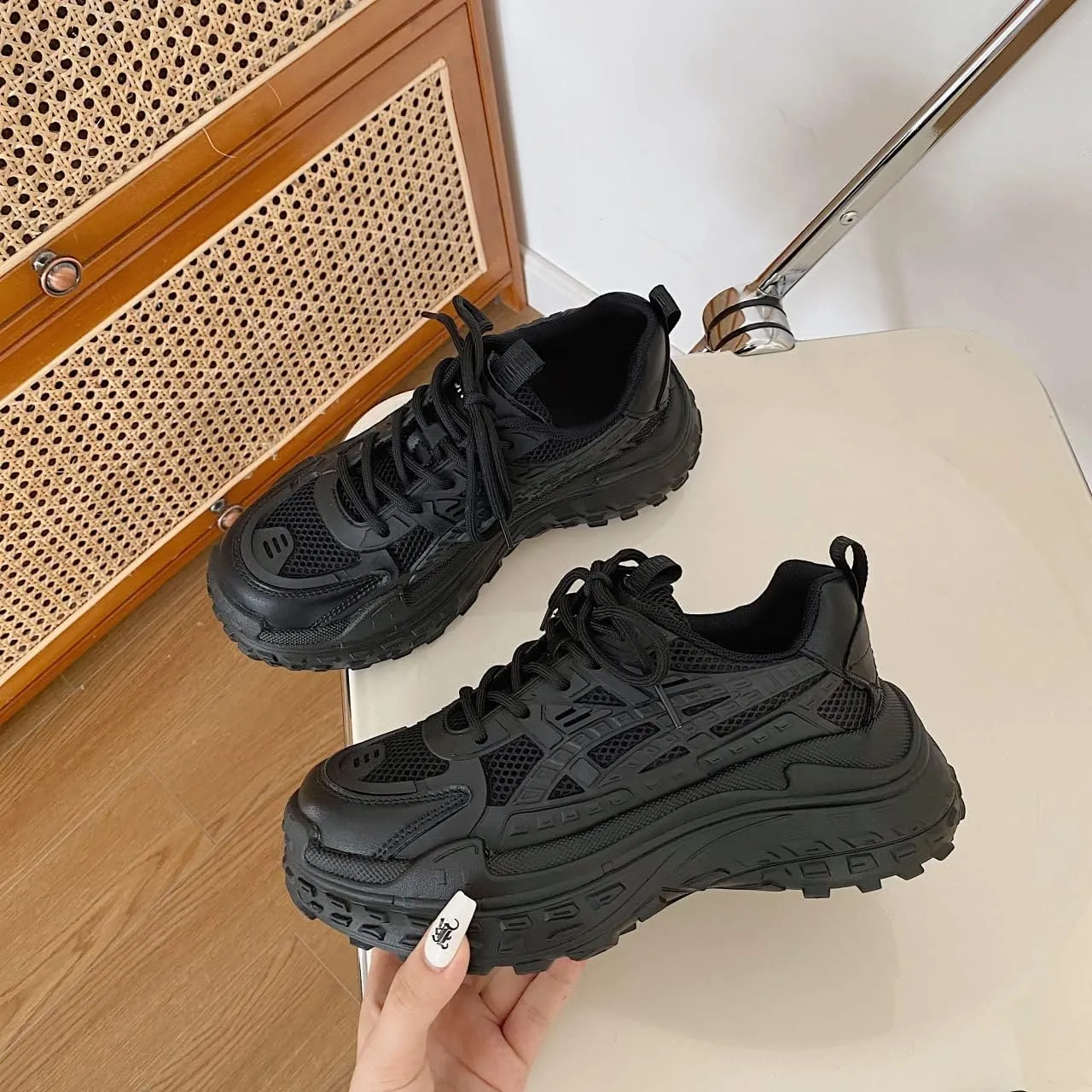 AINIJIA&HOLO Women's Chunky Platform Dad Sneakers,Non-Slip Heightened Lace Up Walking Shoes,Casual Work Shoes