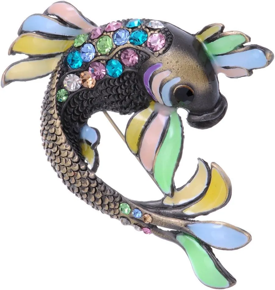 Alilang Colorful Czech Crystal Rhinestone Enamel Painted Koi Fish Fashion Brooch Pin