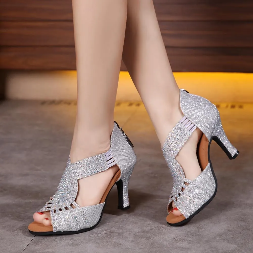 AOQUNFS Women's Latin Dance Shoes Rhinestones Ballroom Salsa Practice Performance Dancing Shoes,Model 086