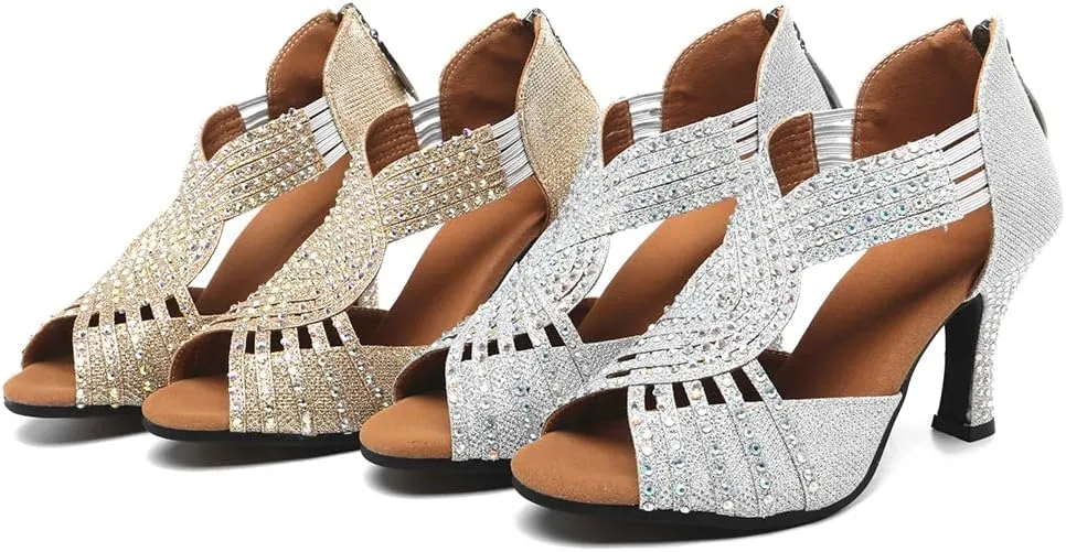 AOQUNFS Women's Latin Dance Shoes Rhinestones Ballroom Salsa Practice Performance Dancing Shoes,Model 086