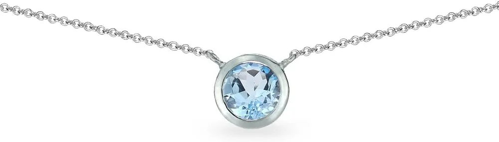 B. BRILLIANT Light Blue Necklace for Women 6mm Round Solitaire Bezel Genuine Gemstone Blue Topaz Sterling Silver Chokers Bridesmaids Fashion Stacking Trendy Birthday
