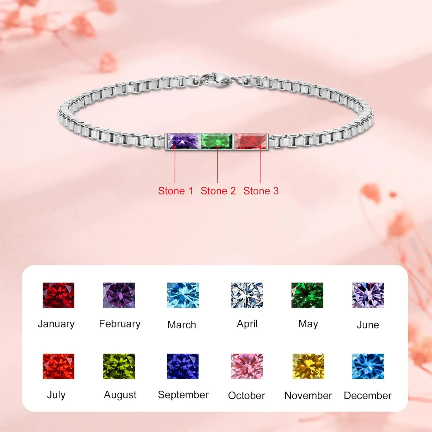 BABOOM Customized 1-6 Birthstone Bracelets Rectangular Birthstone Bracelets for Women Personalized Sparkling Birthstone Bracelet Christmas Mother Day Birthday Jewelry Gift for Mother Grandmother