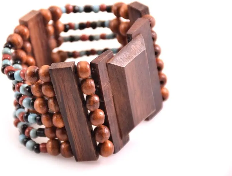 Beaded Stretch Bracelet Wood and Beads Elastic Strands Handmade in Bali