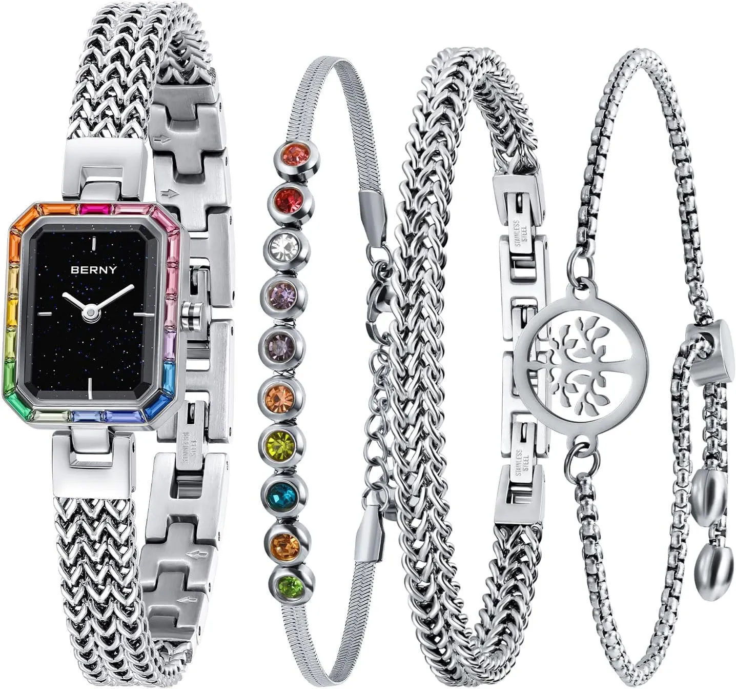BERNY Silver Watches for Women Dainty Quartz Bracelet Watch Ladies Wrist Watch and Bracelet Set Coloured Stones Accented Fashion Luxury Birthday Gifts for Women