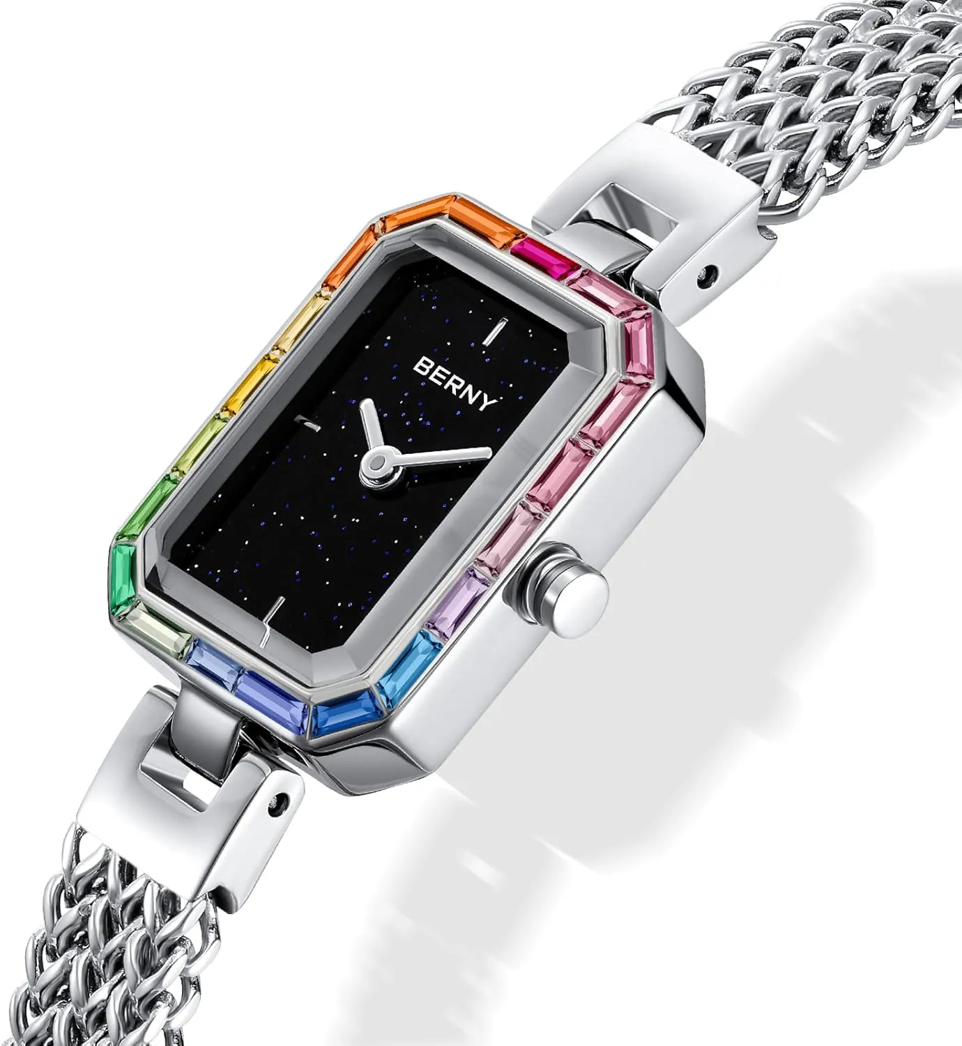 BERNY Silver Watches for Women Dainty Quartz Bracelet Watch Ladies Wrist Watch and Bracelet Set Coloured Stones Accented Fashion Luxury Birthday Gifts for Women