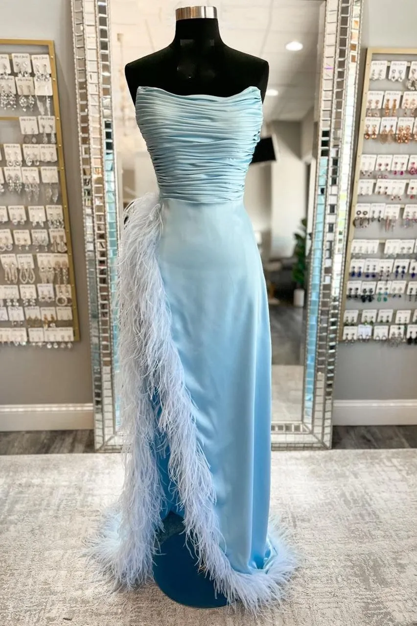 Black Feather Strapless Ruching Long Formal Dress with Slit