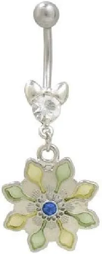 Blue Jewel Pastel Flower Design Belly Button Ring 14 Gauge