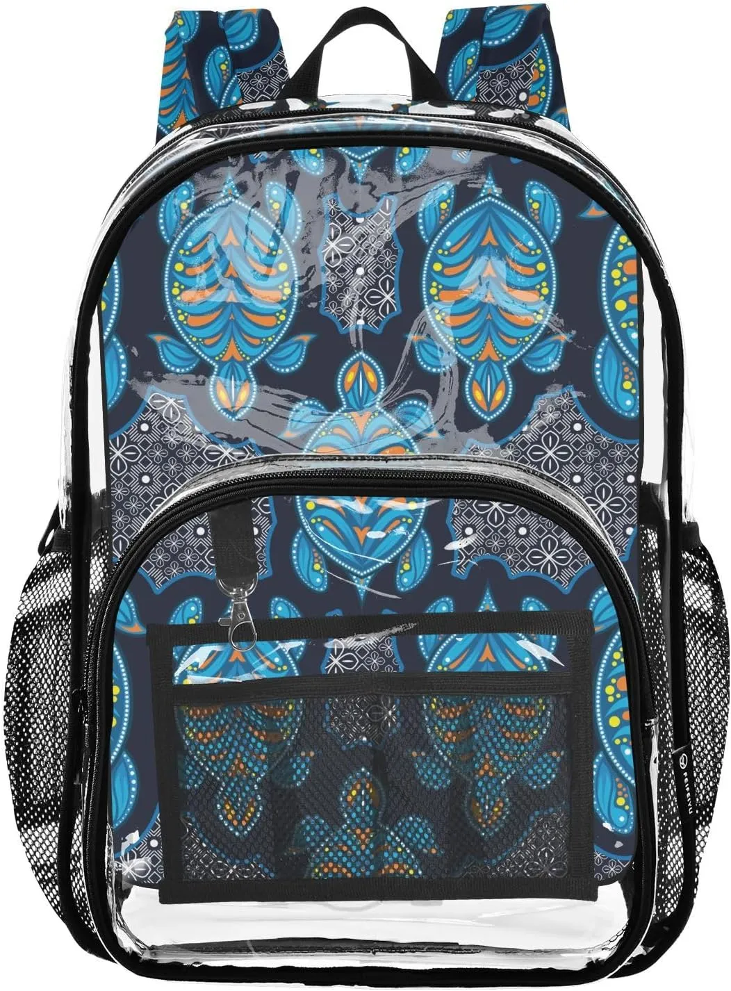 Blue Sea Turtle Floral Clear Backpack Transparent Bag for Girls Boys Kids Backpacks See Through Bookbag Plastic Daypack for Teens Stadium Events School