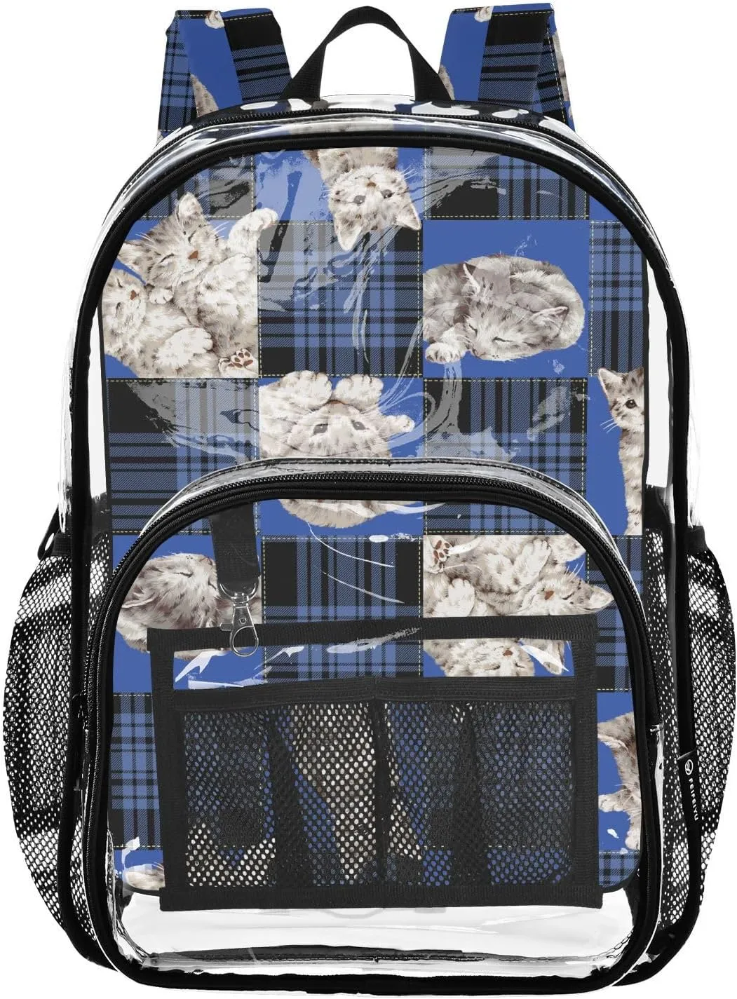 Blue Square Cats Clear Backpack Water Resistant Daypack Transparent Backpacks for Girls Boys Bookbag PVC Plastic Bags for Teens Students Women Men Travel