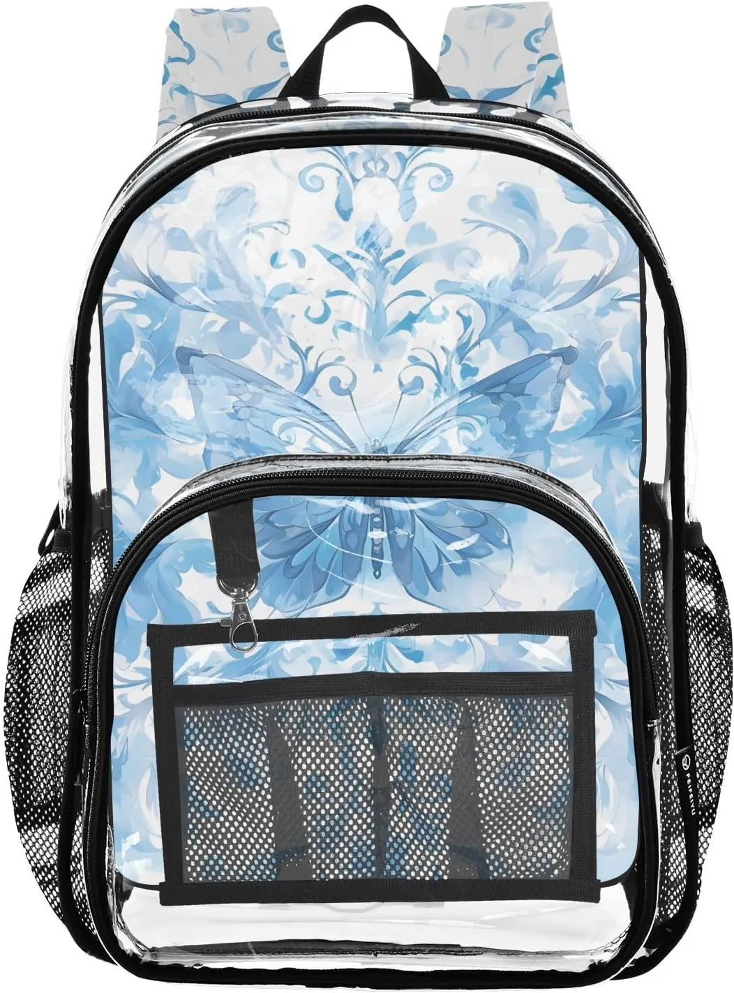 Blue Vintage Butterfly Clear Plastic Backpack - Transparent PVC Heavy Duty Bag with Large Main Pocket and Mesh Pockets - Ideal for School, Travel, Outings - Clear Backpack for School and Everyd