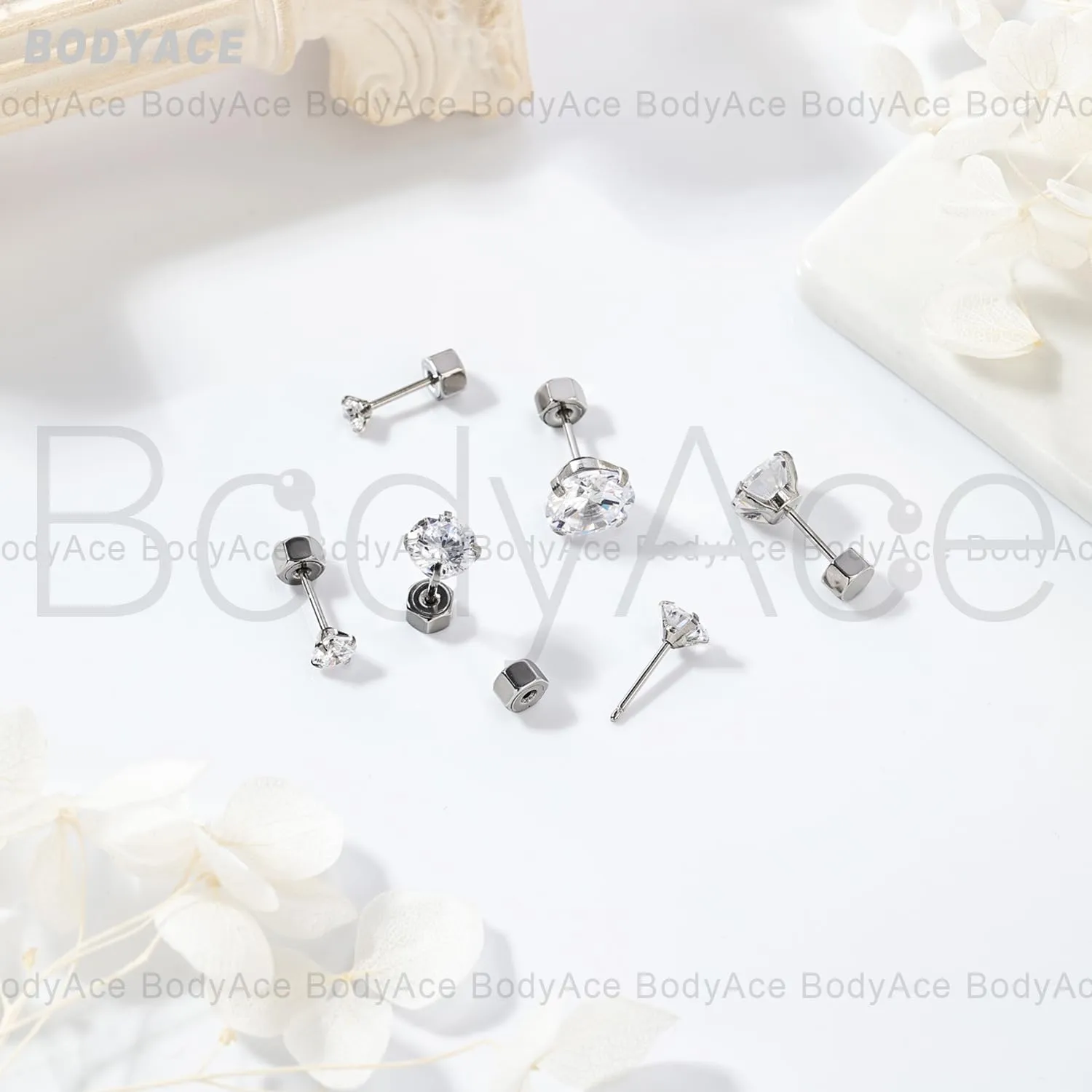 BodyAce 20g Flat Back CZ Studs, Surgical Steel Threadless Earrings Nose Stud Ring, Gold Nostril Tragus Helix Cartilage Lip Medusa Piercing Jewelry
