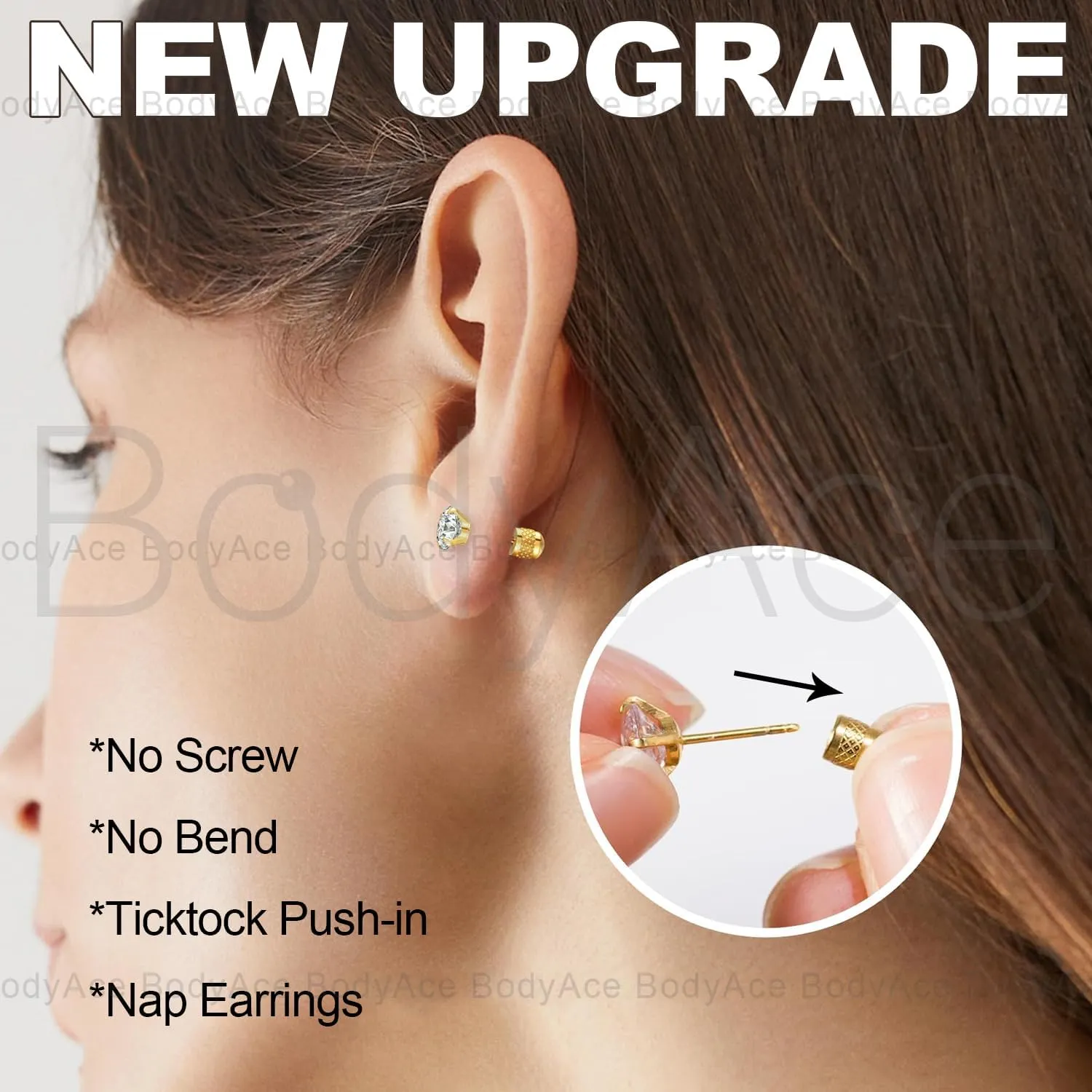 BodyAce 20g Flat Back CZ Studs, Surgical Steel Threadless Earrings Nose Stud Ring, Gold Nostril Tragus Helix Cartilage Lip Medusa Piercing Jewelry