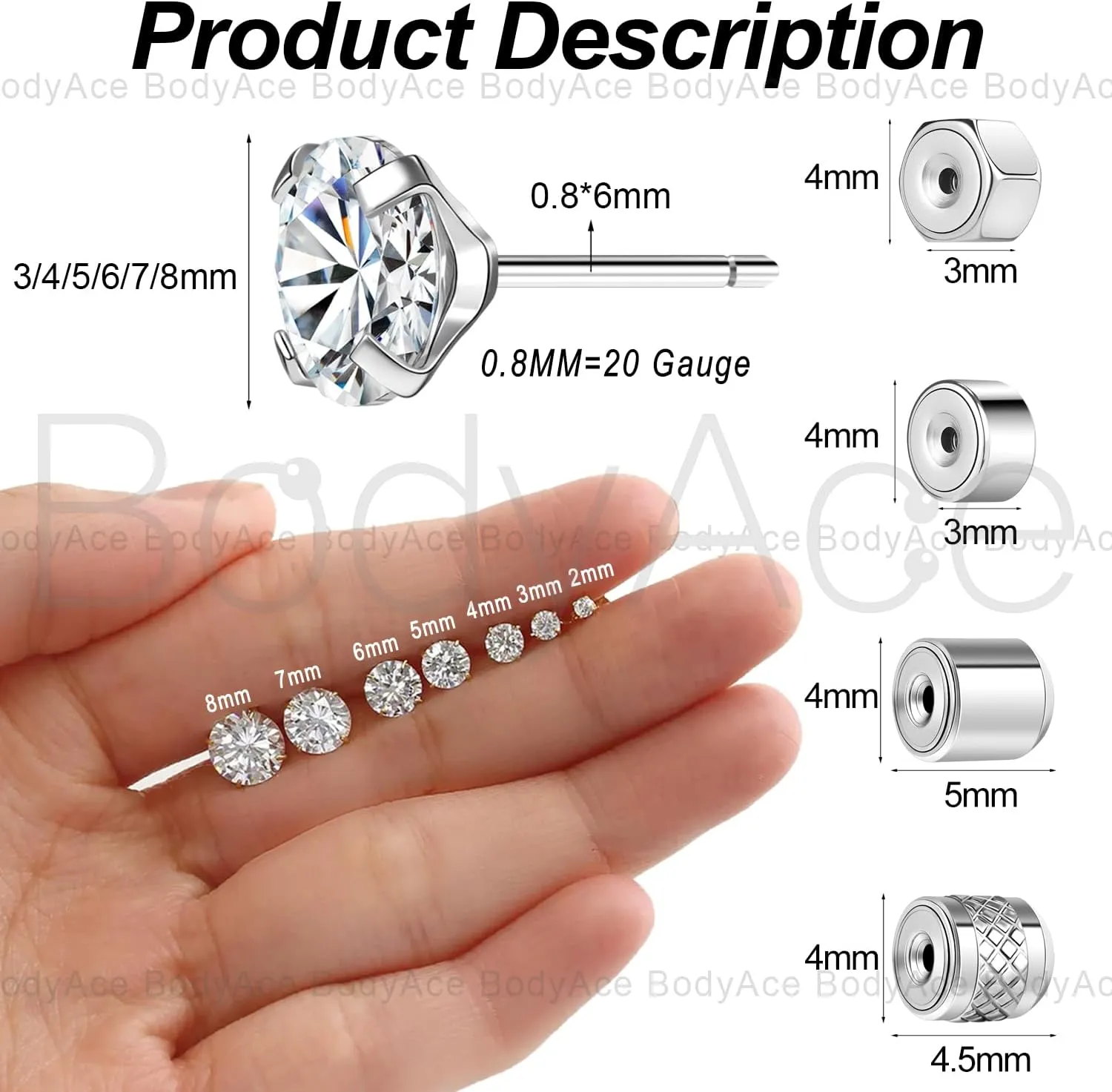 BodyAce 20g Flat Back CZ Studs, Surgical Steel Threadless Earrings Nose Stud Ring, Gold Nostril Tragus Helix Cartilage Lip Medusa Piercing Jewelry