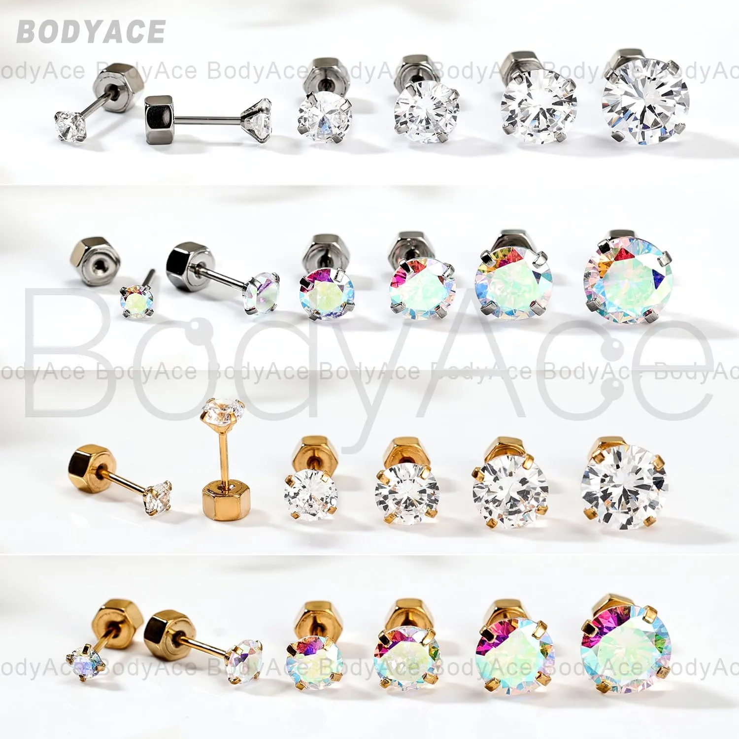 BodyAce 20g Flat Back CZ Studs, Surgical Steel Threadless Earrings Nose Stud Ring, Gold Nostril Tragus Helix Cartilage Lip Medusa Piercing Jewelry