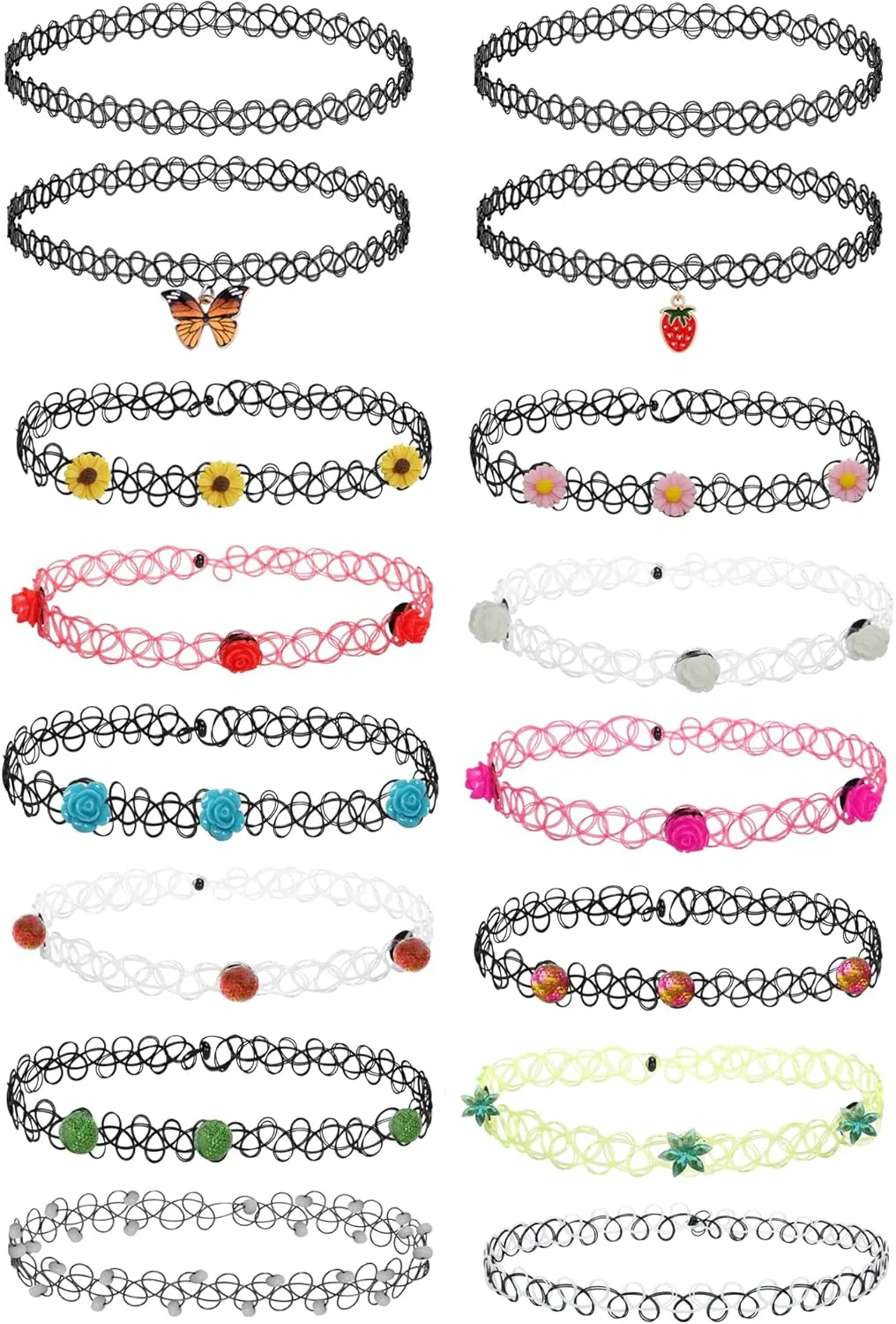 BodyJ4You 16PC Tattoo Choker Necklace Colorful Mix - 90s Accessories Women Teen Girls Kids - Butterfly Pendant Strawberry Charm - Summer Style Gift Idea