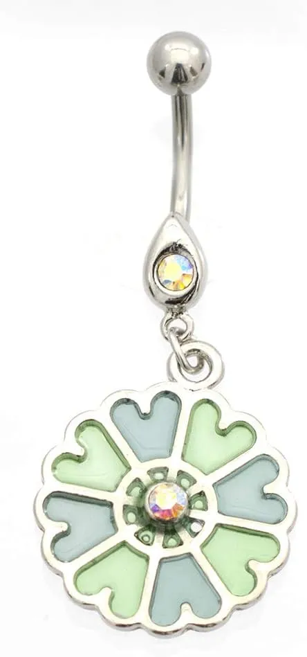 BodyJewelryOnline Surgical Steel Pastel Flower Dangler Belly Button Ring (Blue/Green) 14G