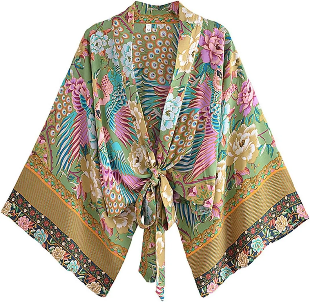 Boho Wrap Kimono Print Short Kimono Floral Print Beac Cover Up Women Bohemian Bikini Robe Cover Ups