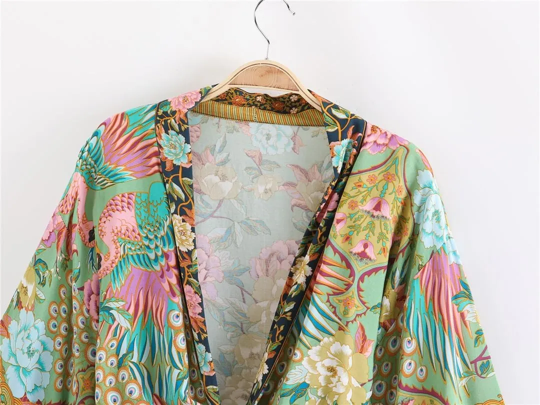 Boho Wrap Kimono Print Short Kimono Floral Print Beac Cover Up Women Bohemian Bikini Robe Cover Ups