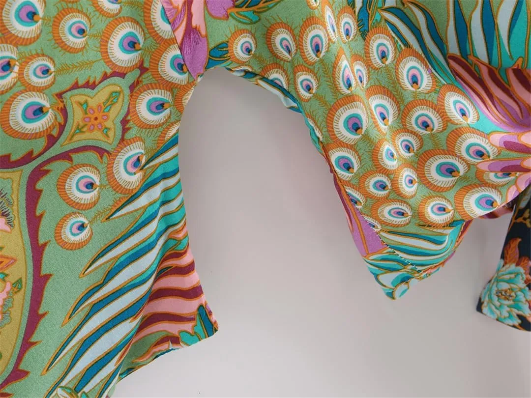 Boho Wrap Kimono Print Short Kimono Floral Print Beac Cover Up Women Bohemian Bikini Robe Cover Ups