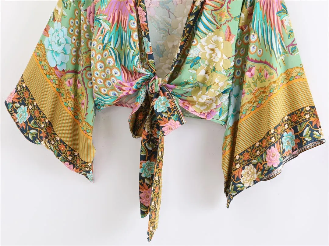 Boho Wrap Kimono Print Short Kimono Floral Print Beac Cover Up Women Bohemian Bikini Robe Cover Ups