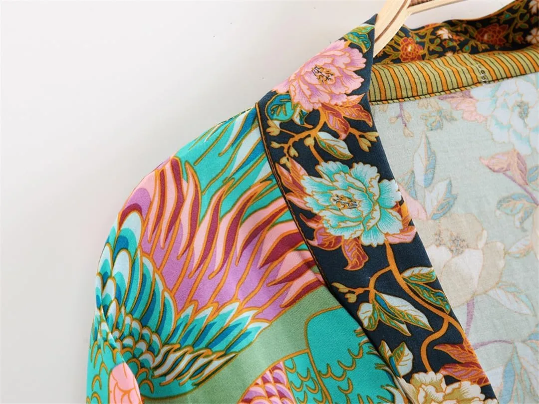 Boho Wrap Kimono Print Short Kimono Floral Print Beac Cover Up Women Bohemian Bikini Robe Cover Ups