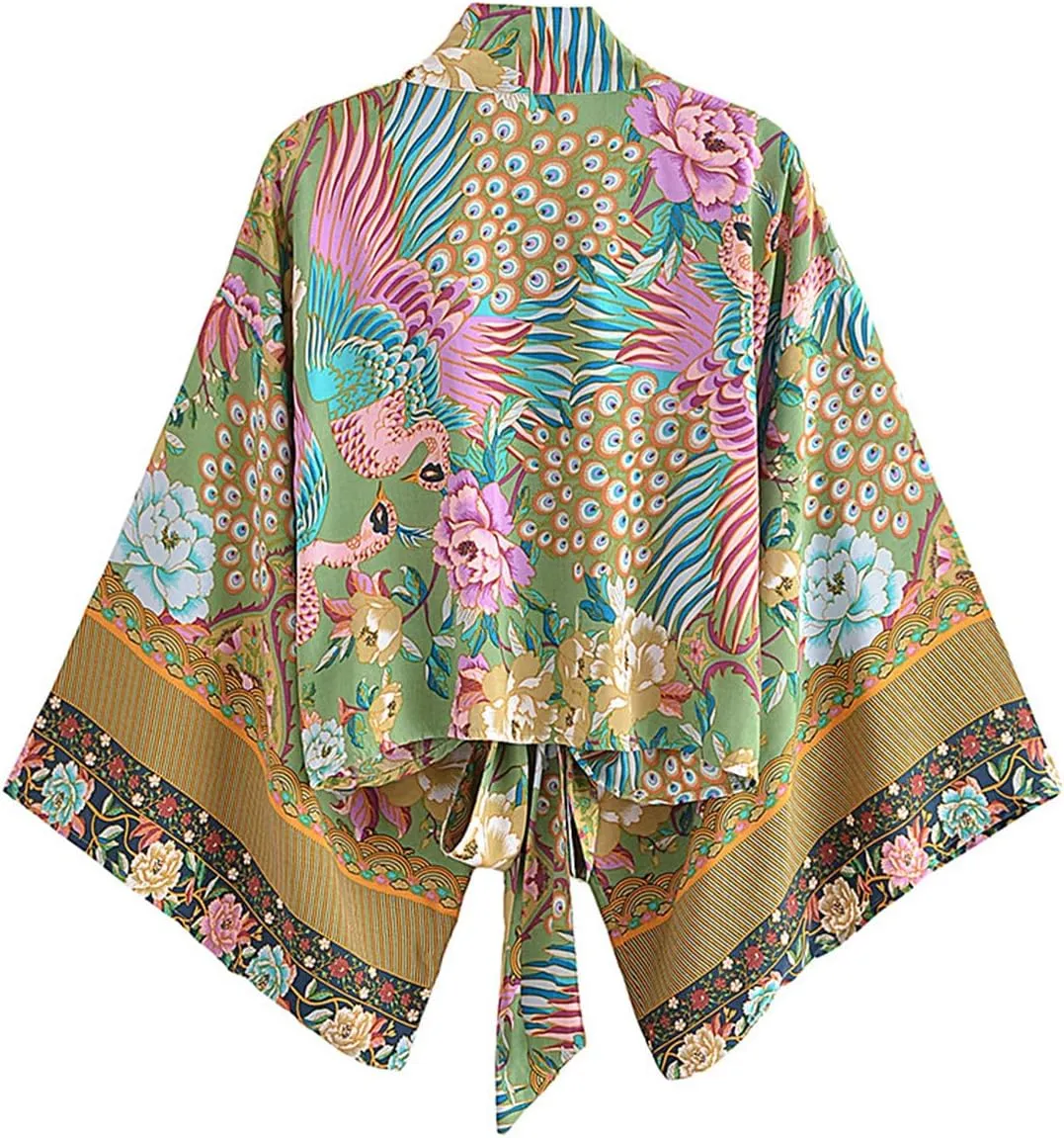 Boho Wrap Kimono Print Short Kimono Floral Print Beac Cover Up Women Bohemian Bikini Robe Cover Ups