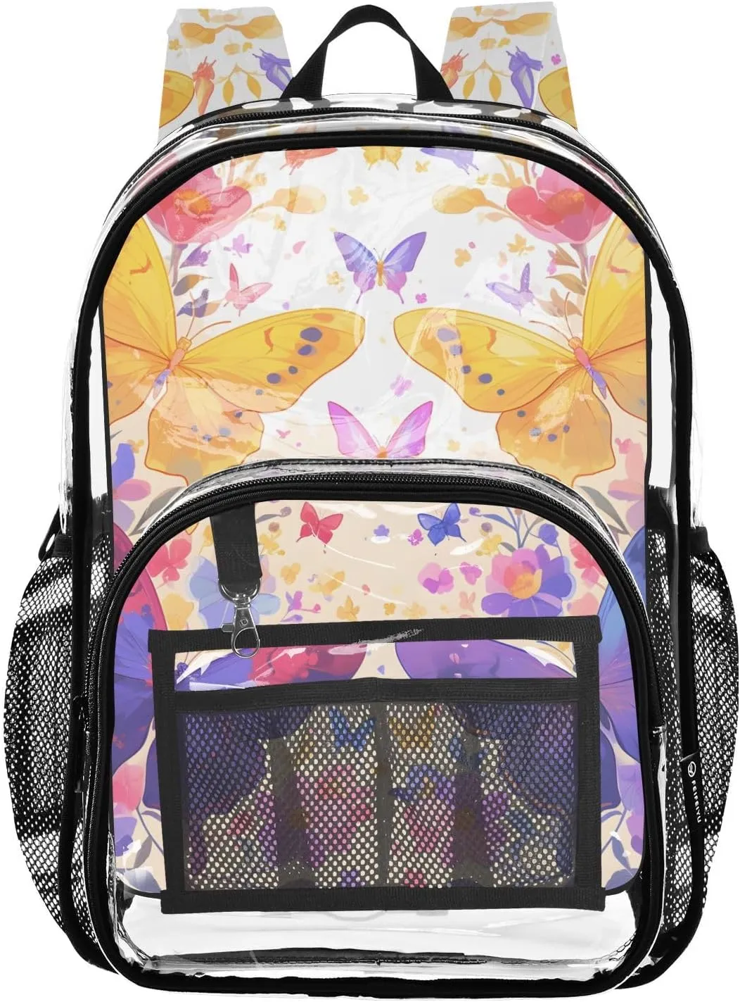 Bright Butterfly Clear Plastic Backpack - Transparent PVC Heavy Duty Bag with Large Main Pocket and Mesh Pockets - Ideal for School, Travel, Outings - Clear Backpack for School and Everyday Use