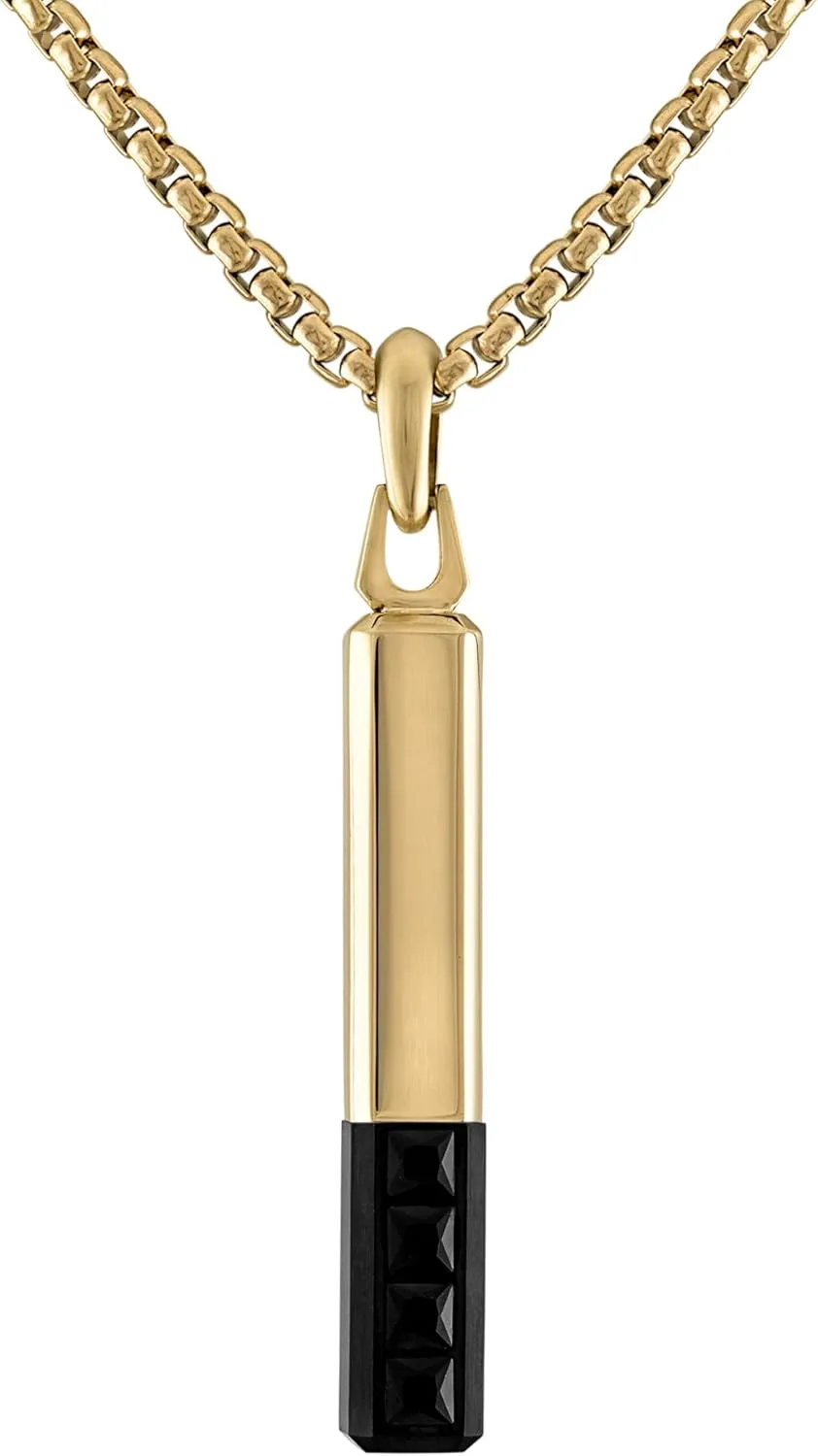 Bulova Jewelry Men's Icon Gold Stainless Steel and Inlay Black Spinel Bar Shaped Amulet Pendant and Yellow Stainless Steel Rounded Box Link Chain Necklace,Length 24"-26" Style:BVC1074-YSTBSP