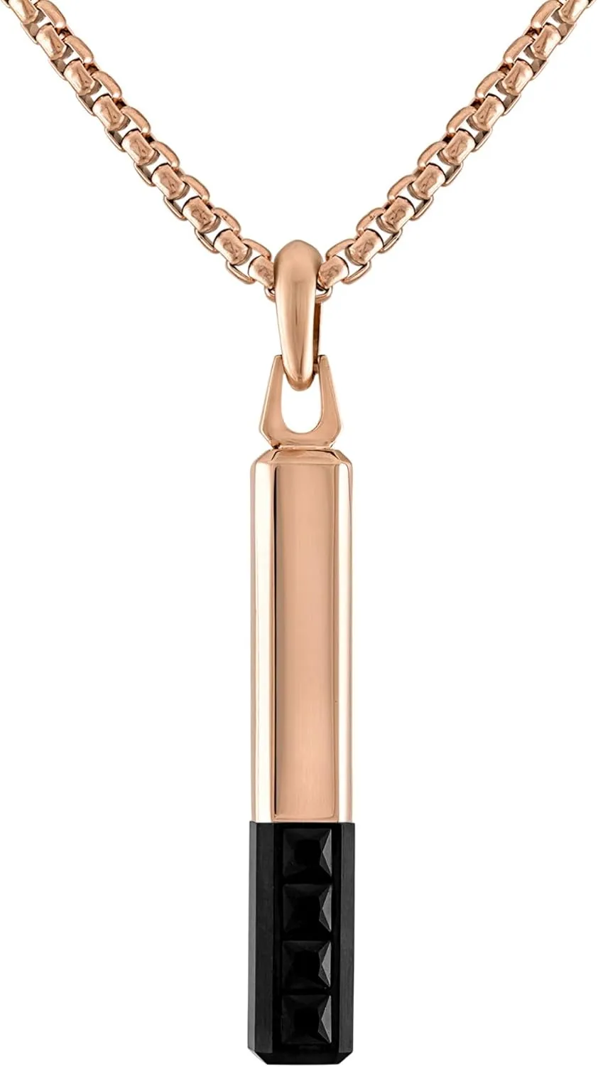 Bulova Jewelry Men's Latin Grammy Rose Gold Stainless Steel Bar Shaped Amulet Pendant, Inlay Black Spinel,Rose Tone Stainless Steel Rounded Box Link Chain Necklace Style:BVC1074-RSTBSP