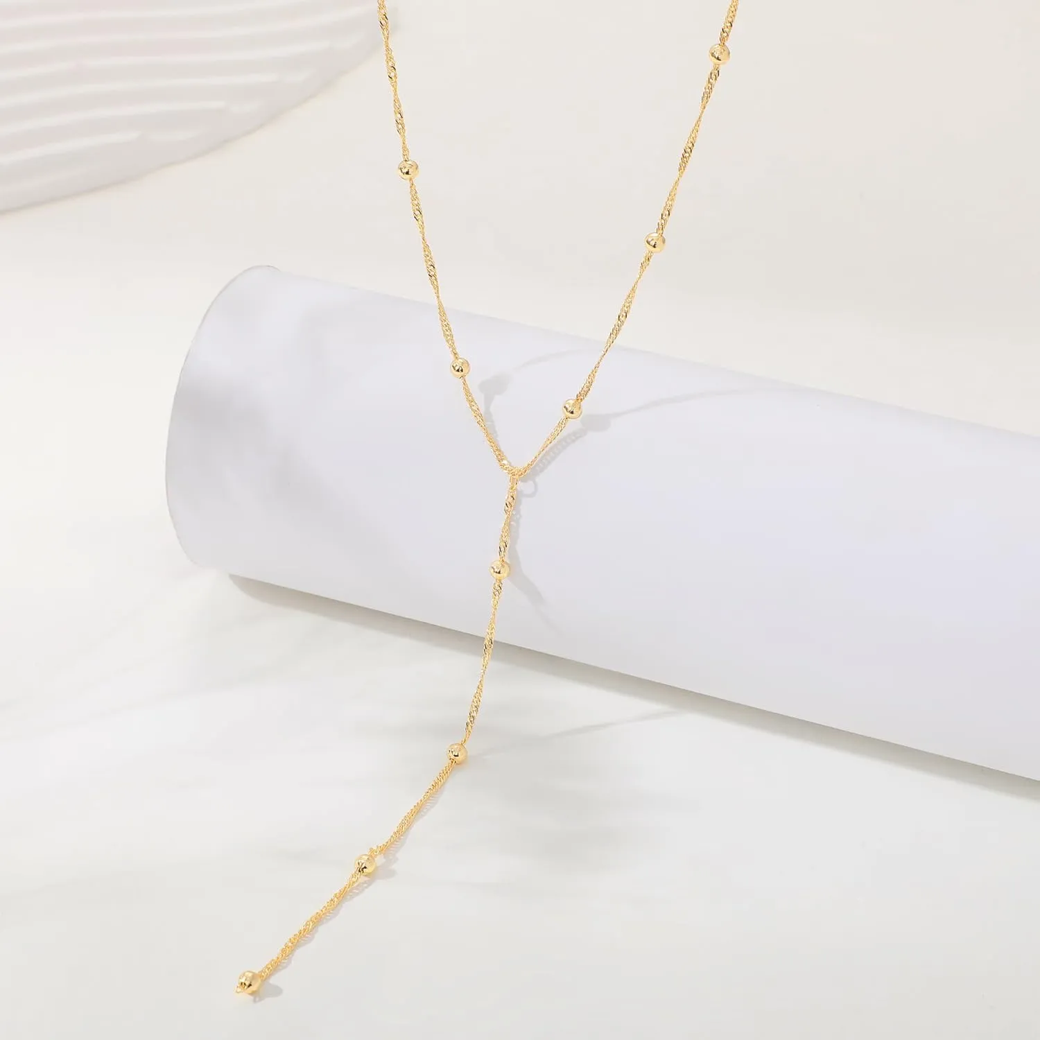 CAROVO Gold Necklace for Women Dainty Long Necklace 14K Gold/Silver Lariat Y-Shaped Pendant Necklaces Trendy Layered Lip Cubic Zirconia Beaded Chain Drop Necklaces Jewelry for Women Gifts