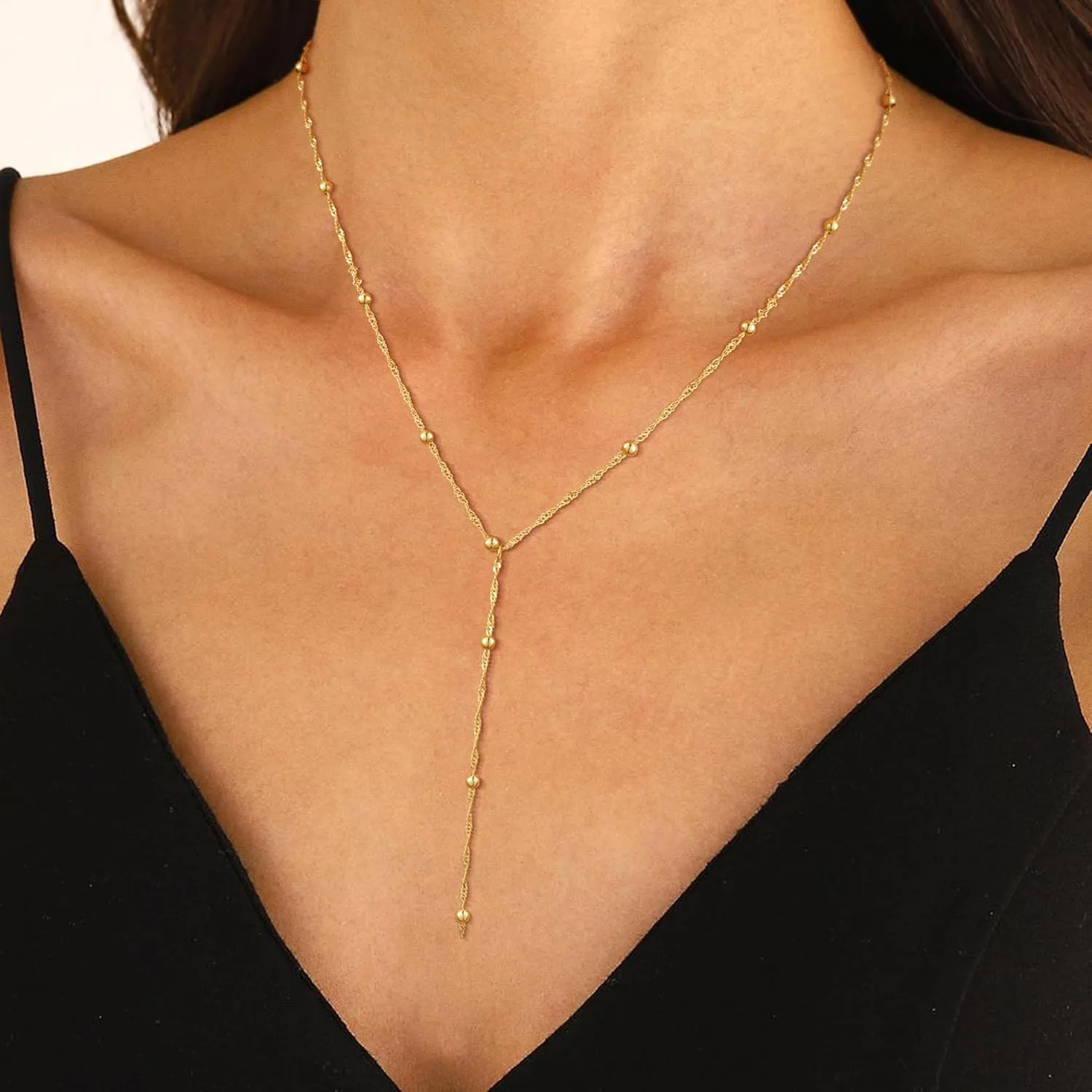 CAROVO Gold Necklace for Women Dainty Long Necklace 14K Gold/Silver Lariat Y-Shaped Pendant Necklaces Trendy Layered Lip Cubic Zirconia Beaded Chain Drop Necklaces Jewelry for Women Gifts