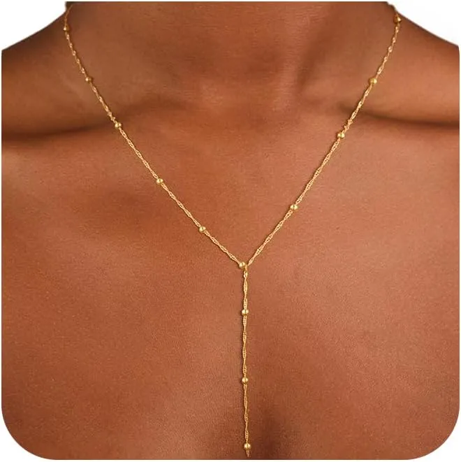 CAROVO Gold Necklace for Women Dainty Long Necklace 14K Gold/Silver Lariat Y-Shaped Pendant Necklaces Trendy Layered Lip Cubic Zirconia Beaded Chain Drop Necklaces Jewelry for Women Gifts