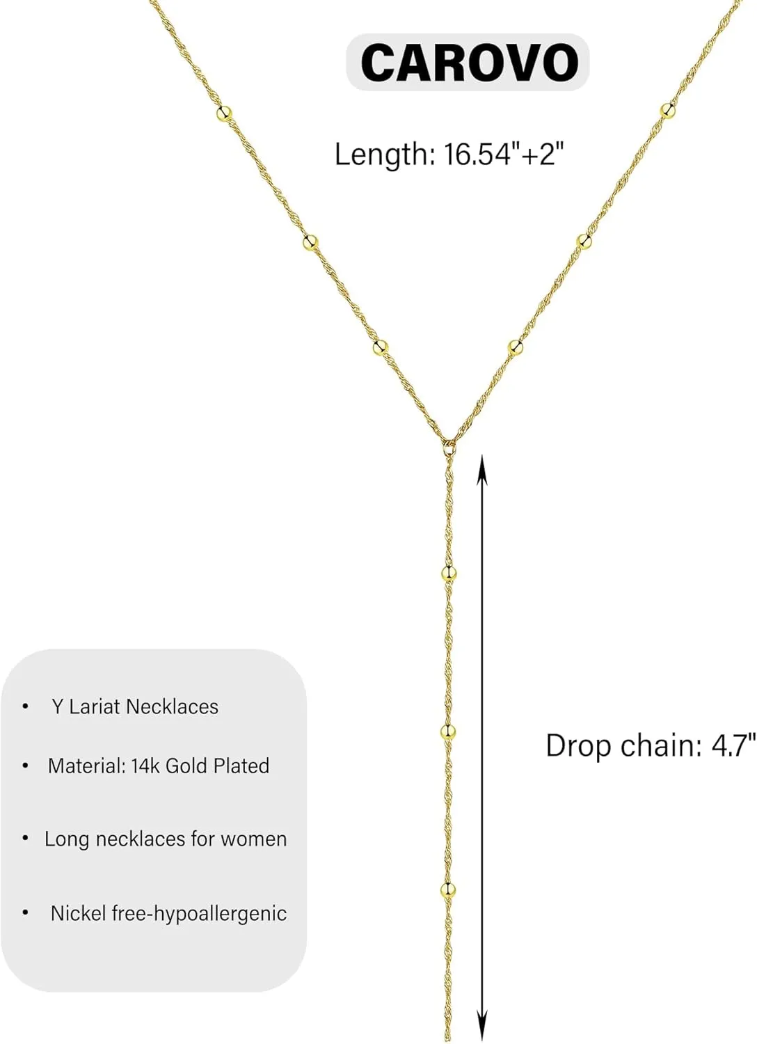 CAROVO Gold Necklace for Women Dainty Long Necklace 14K Gold/Silver Lariat Y-Shaped Pendant Necklaces Trendy Layered Lip Cubic Zirconia Beaded Chain Drop Necklaces Jewelry for Women Gifts